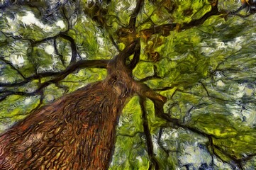 Wall Mural - Illustration of ficus tree with young green leaves and brown bark on a blue background in summer in a park