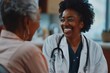 © Mark - In a hospital setting, a black woman or doctor gives care feedback or support to a patient. Smile, a nurse or doctor talks about test results or advice with a mature individual.