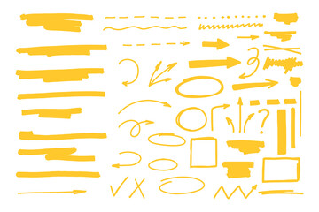 Highlighter collection, brush lines, isolated in white background. Marker yellow set, brush pen hand drawn underline. Vector highlighter graphic stylish element.