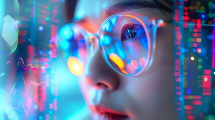 Aufkleber - Close-up of a person wearing glasses with colorful digital interface reflection. Modern technology concept in a futuristic style. Perfect for tech blogs, articles, and promotional content. AI