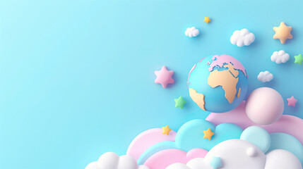 cute simple minimalistic 3D illustration of colorful earth, stars  and clouds on blue background with copy space for World ozone day.