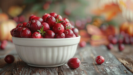 Wall Mural - A white bowl filled with fresh red cranberries on a rustic wooden table.