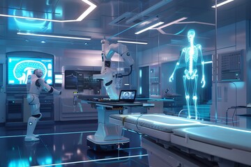 Poster - Detailed anatomy displayed holographically in a futuristic medical lab. Concept for medical technology.