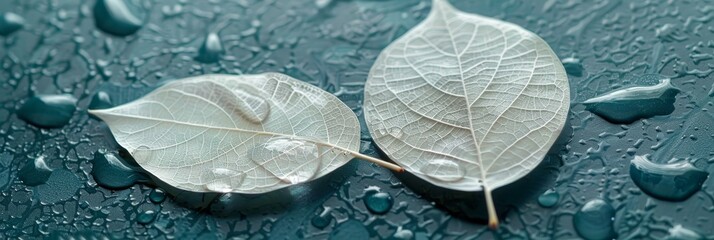 Poster - An exquisite light shines on two transparent skeleton leaves in nature on a wet surface on a blue background.