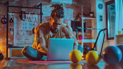 Gen Z online fitness coach demonstrating exercises in a home gym, with a laptop open for live streaming, exercise equipment like barbells and medicine balls neatly arranged.