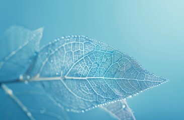 Poster - Open skeleton leaf on blue and pink background, water drops on glass close-up macro. Bright expressive artistic image nature.