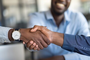 This is a portrait of a cheerful young manager shaking hands with a new employee.