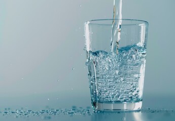 Wall Mural - Water glistens in a beaker with a stream of clear transparent cold water poured into it against a blue background with beautiful lighting close-up.