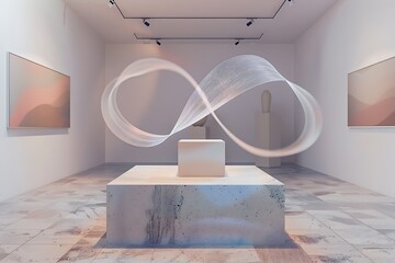 Wall Mural - A 3D waveform twisting around a minimalist sculpture in an art gallery