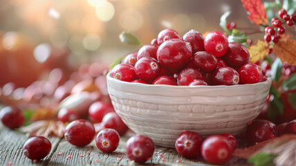 Wall Mural - A white bowl filled with fresh cranberries on a rustic table.