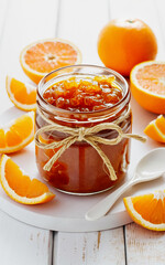Poster - A jar filled with orange preserves on a white wooden table. Around the jar are freshly cut orange slices and whole oranges.