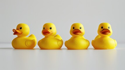 Wall Mural - Four rubber ducks on a white surface