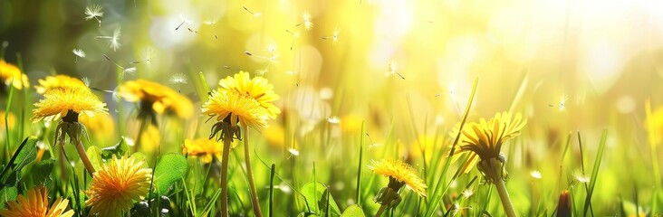 An ultra wide banner format photo of yellow dandelion flowers on a meadow in nature, close-up macro, against a blue sky with clouds.