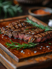 Sticker - Juicy sliced steak garnished with rosemary and salt.