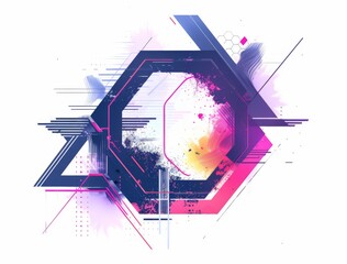 Wall Mural - Geometric hexagon with glitches and digital noise, dynamic colorful pixels modern illustration, and abstract destroyed bug border