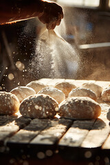 Wall Mural - Baker Dusting Flour Powder on Fresh Dough in Sunlit Bakery  