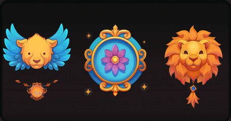 Poster - An avatar frame with lion muzzles and butterflies in a cartoon style, as well as a progress achievement round border rank game interface with an empty border.