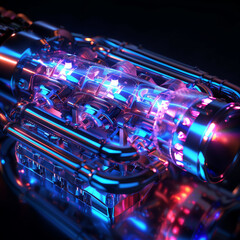 Futuristic technology engine with vibrant lights and complex machinery.