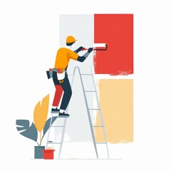 Modern illustration of a man painting a wall a different colour using a ladder. People concept.