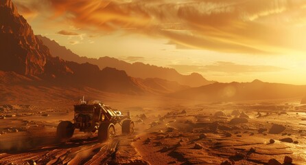 Science and exploration illustration showing a rover exploring Mars for life.
