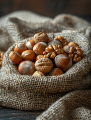 Wall Mural - A sack containing walnuts and hazelnuts on burlap.