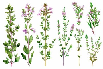 Poster - An isolated white background with hand drawn thyme branches and flowers.