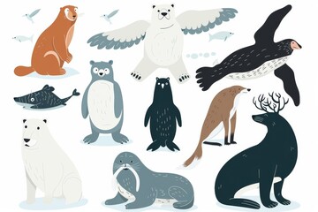 Sticker - Set of flat modern illustrations of Arctic animals and birds.