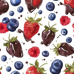 Poster - Blueberries, strawberries, raspberry, and black currant modern hand drawn pattern with leaves