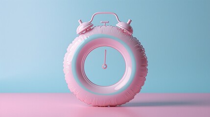 Wall Mural - A pastel-hued backdrop features an inflatable ring in the shape of an alarm clock, blending themes of summer, vacation, and time management. The minimalist and creative design offers plenty of copy