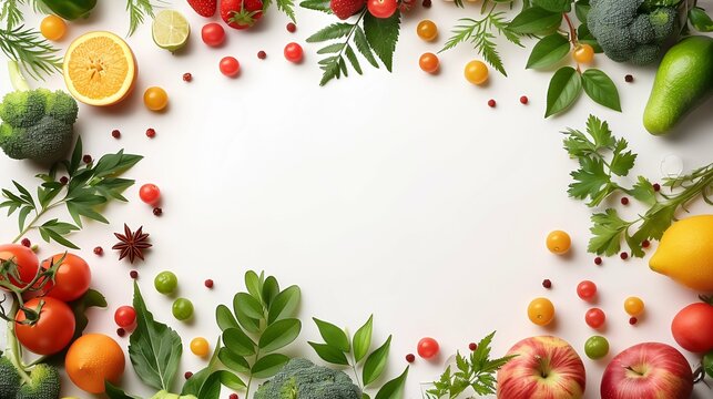 Vibrant Arrangement of Fresh Fruits and Vegetables Against a Spacious White Background: Ideal for Health, Nutrition, and Organic Lifestyle Concepts