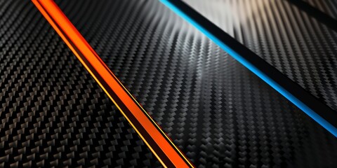 a carbon fiber background with one cyan and one orange line, 2:1, banner website, ads banner, landing page, industrial carbon wallpaper