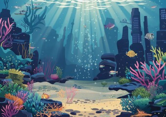 Wall Mural - A modern illustration of a seabed with sandy corals, rocks, and different kinds of fish