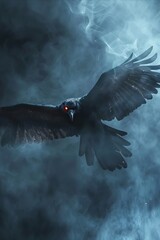 Canvas Print - Crow Raven Flying in the Dark Smoke Mist