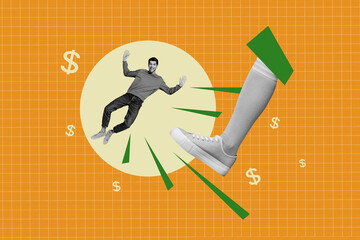 Poster - Composite collage picture image of amazed man leg kick fight earning money banker unusual fantasy billboard comics zine