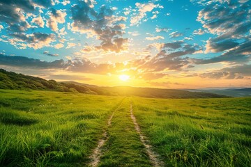 Wall Mural - This is a panoramic view of a green field in a hilly area in the morning as the sun rises against a blue sky filled with clouds. Natural spring summer landscape.
