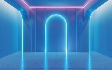 Poster - Blue minimalist background for presentations. Light blue wall with stunning built-in lighting. Smooth floor.