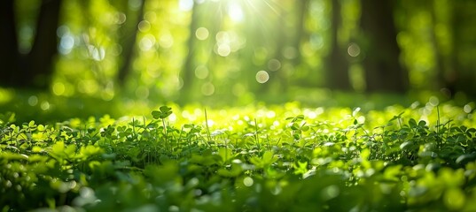Poster - Green defocused trees in a forest or park with wild grass and sun beams. Natural summer spring background.