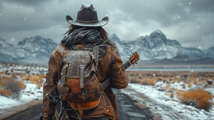 Wall Mural - A cowboy hitch hiking with a guitar on a desert road near Pyramid Lake, NV.  