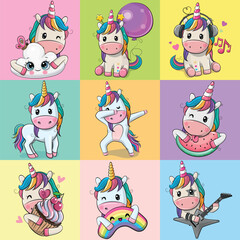 Wall Mural - set of cute cartoon unicorns