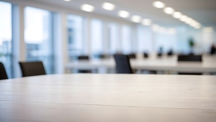 empty white wooden table with blurred business office behind