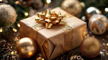 gift box with a shiny gold ribbon, surrounded by Christmas ornaments