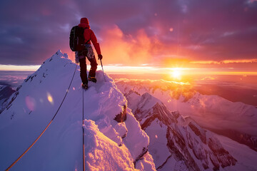 Wall Mural - Mountain Climber Achieves Summit During Stunning Sunrise  