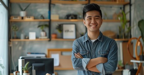 Wall Mural - Founder of startup career with crossed arms and smiling face. Professional and happy portrait with entrepreneur employee at night.