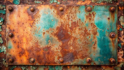 Weathered, distressed copper surface with rusty iron plate texture, featuring corrosion, peeling paint, and flaking rust in a worn, aged, industrial metal landscape.