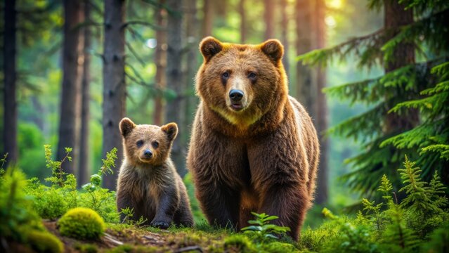 A majestic brown bear and its adorable cub roaming freely in a vibrant forest surrounded by lush greenery and towering trees.