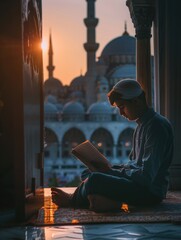 Wall Mural - Faithful reflection - islamic person with koran, spiritual engagement with sacred scripture, moment of introspection and devotion, importance of the Koran in guiding moral and spiritual principles