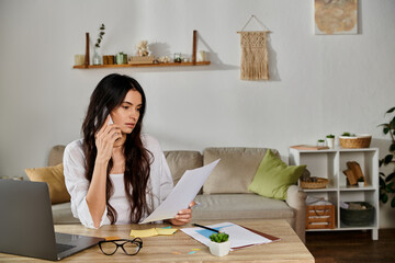 Wall Mural - A woman in casual attire works on her laptop at a table with papers.