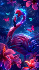 Wall Mural - A neon colored pink and blue flamingo, surrounded by glowing tropical flowers and butterflies Generative AI