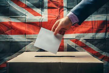 A person entering a vote into a ballot box Great britain union jack flag. United Kingdom elections Generative AI