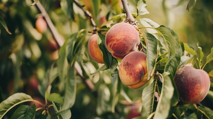 Canvas Print - Detailed shot of ripe peaches hanging on the branch, vibrant color, natural light, overcast day 